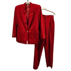 Tan Jay Red Wool Blend Blazer Pants Suit Set Women Size 10 12 Vintage Y2K